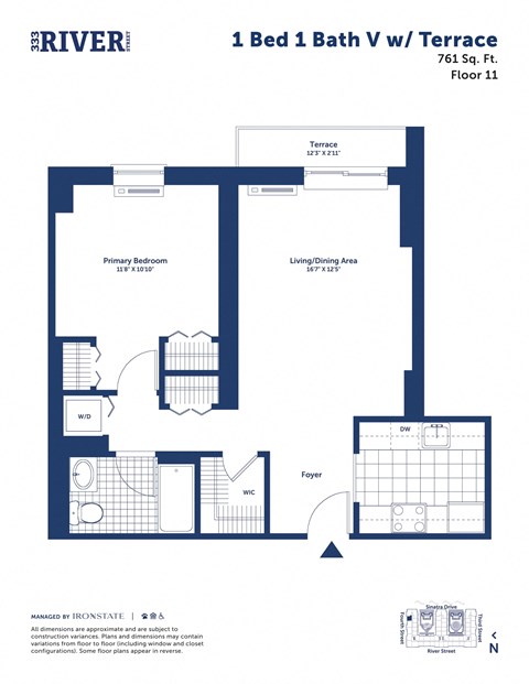 this image shows a floor plan of a 1 bed 1 bath vw unit